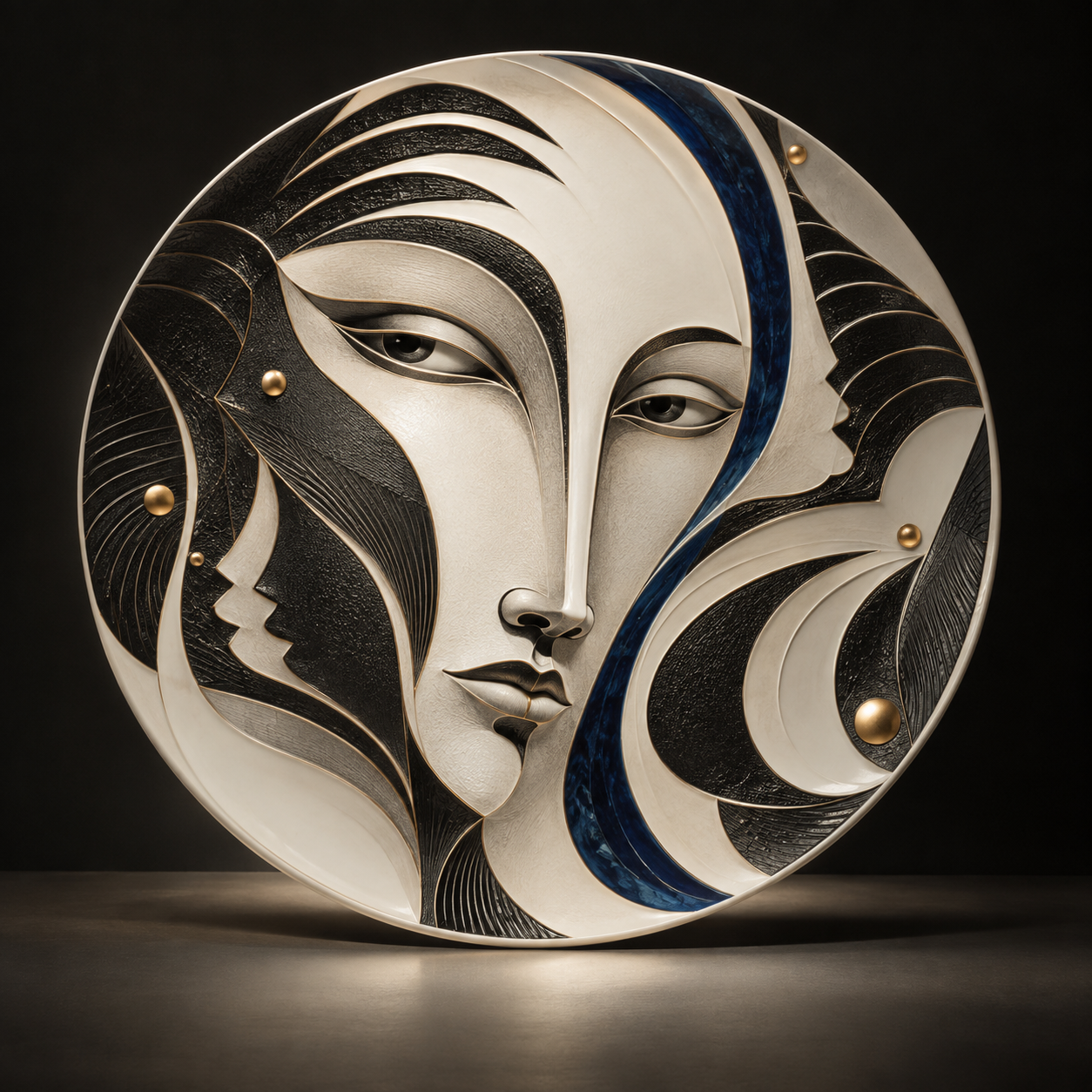 Digital design study of a circular portrait with flowing black, ivory, cobalt and gold layers and several embedded profiles.