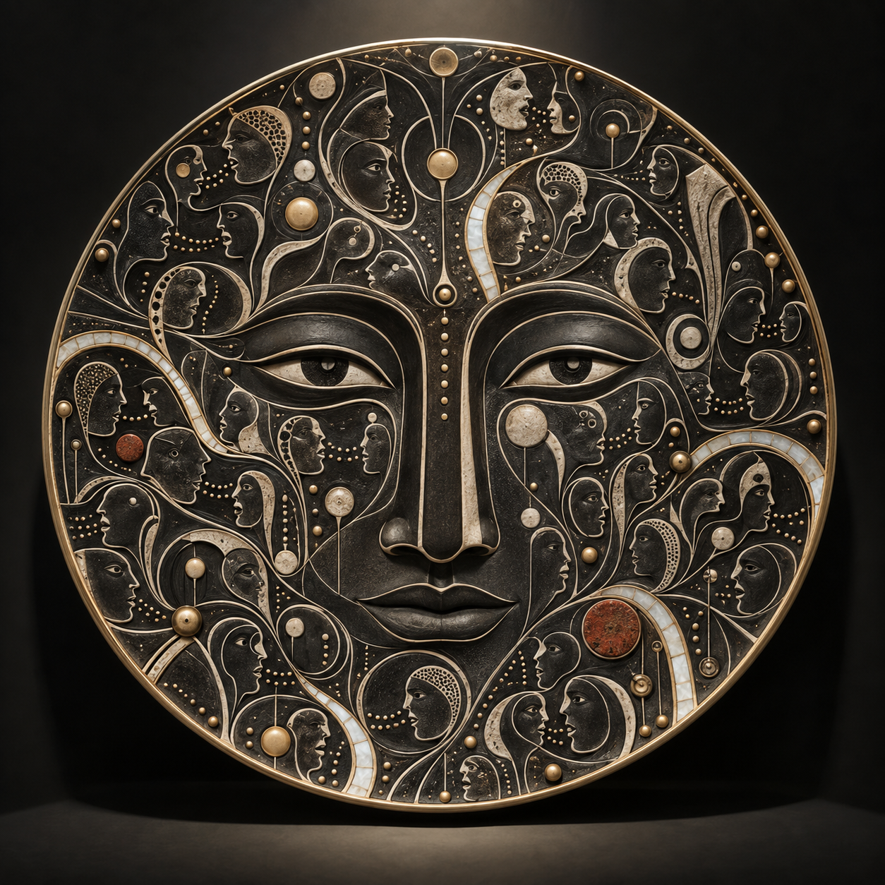 Digital design study of a black circular face filled with fine gold figures, profiles, circles and colored insets.