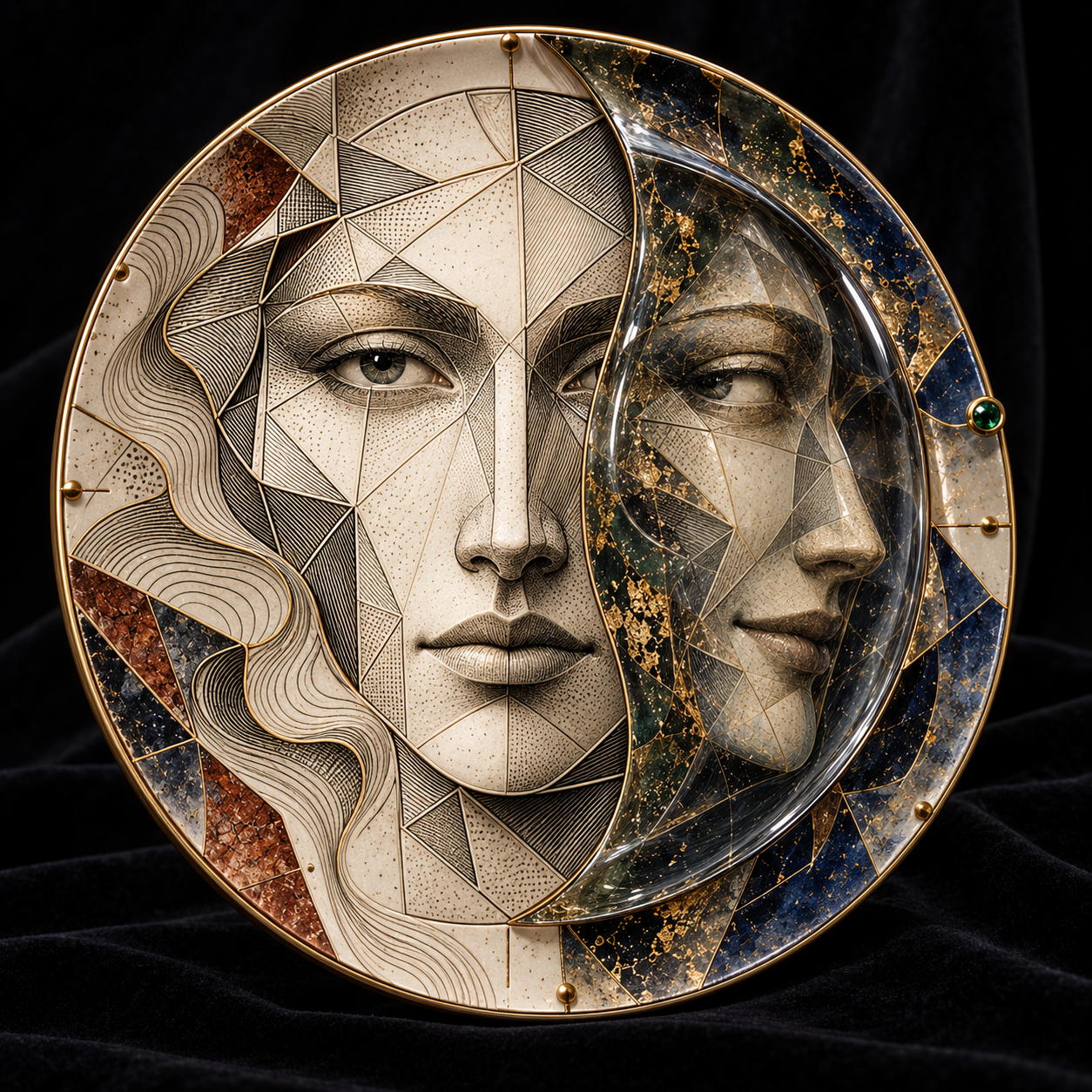 Digital design study of a layered circular portrait combining pale facets, dark blue glass-like areas and gold contour lines.