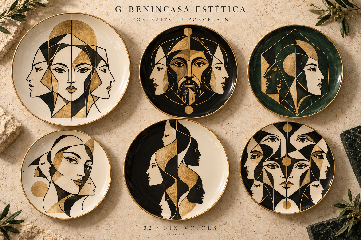Digital concept board showing six circular portrait designs in ivory, black, gold and forest green, titled Six Voices.