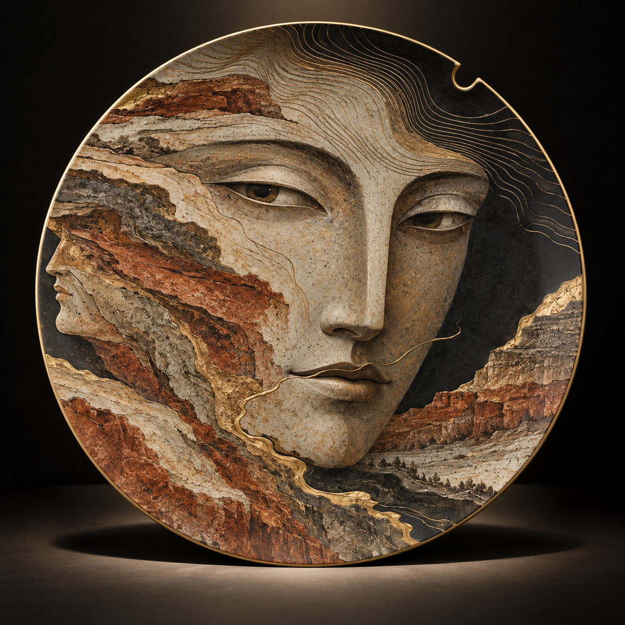Digital design study of a circular portrait with layered red-earth strata, dark fields and fine gold contour lines; a second profile appears at the left edge.