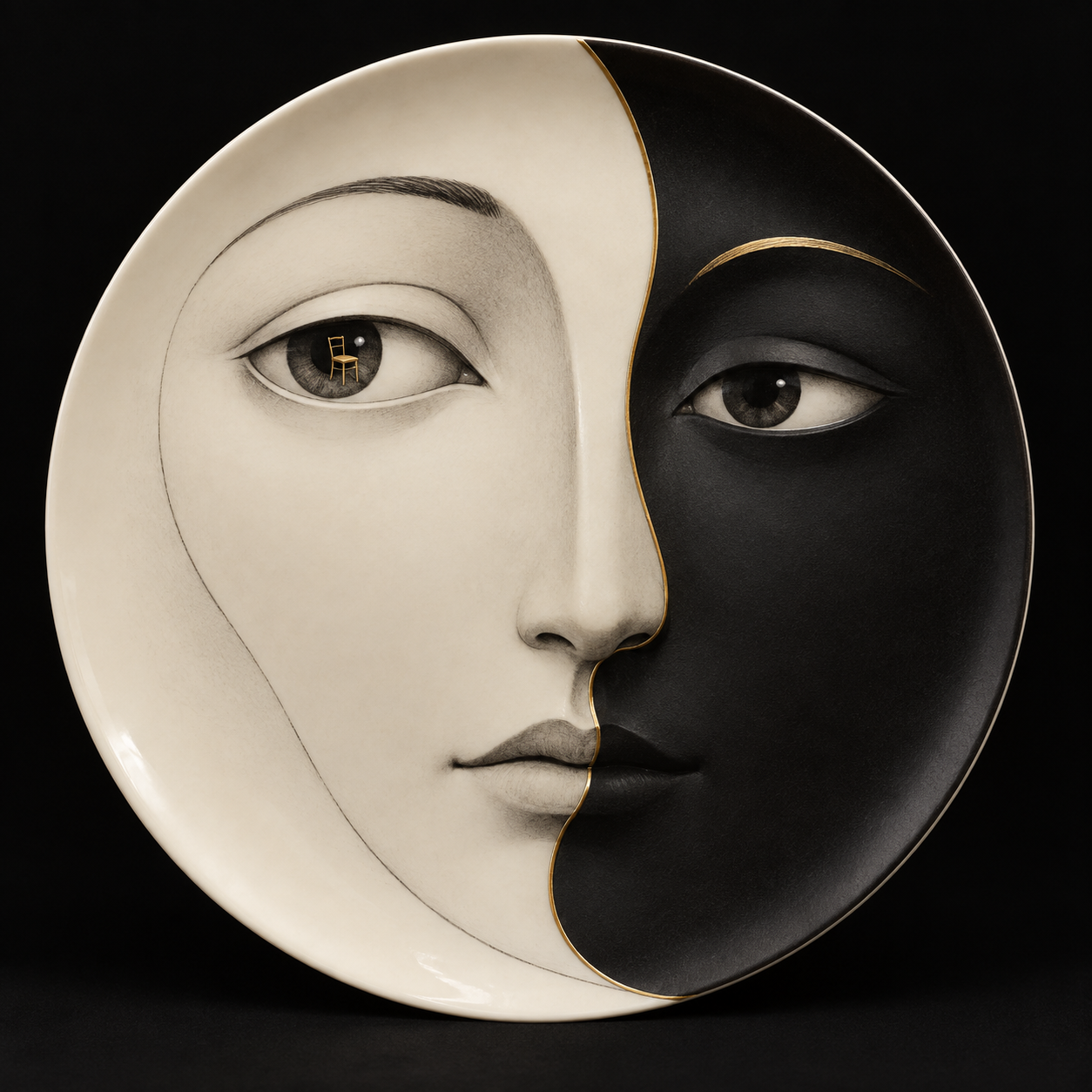 Digital design study of a circular face divided into ivory and black halves by a gold contour, with subtly different profiles.