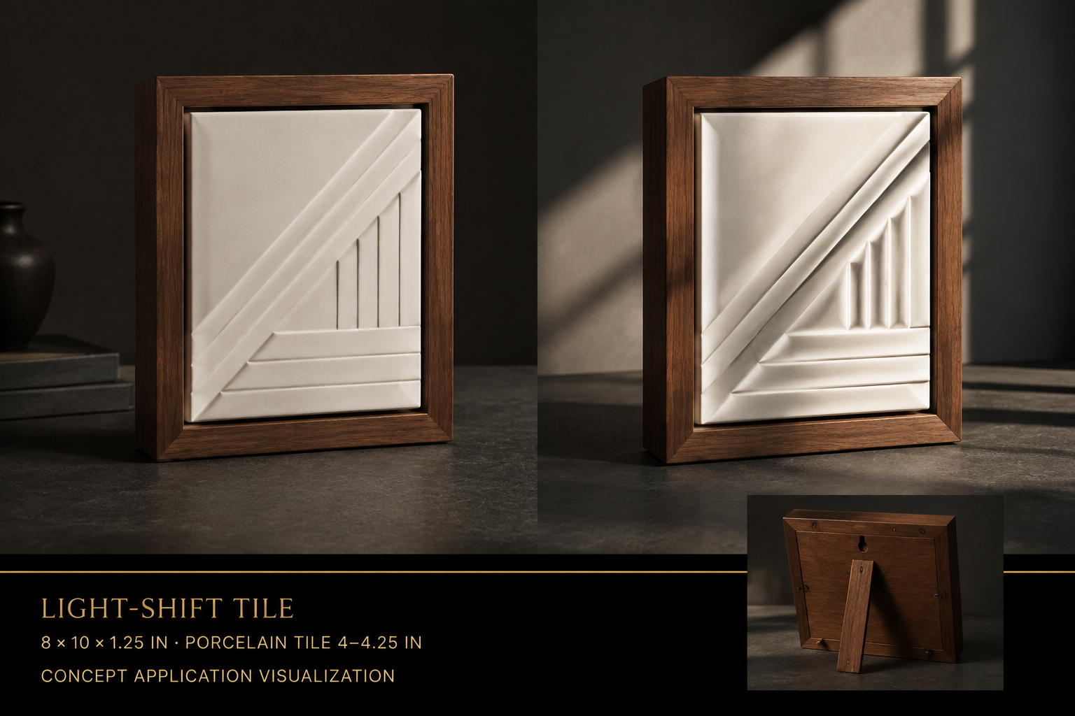 Digital application concept board showing two wood-framed pale relief tiles in different lighting, with a rear-support inset.