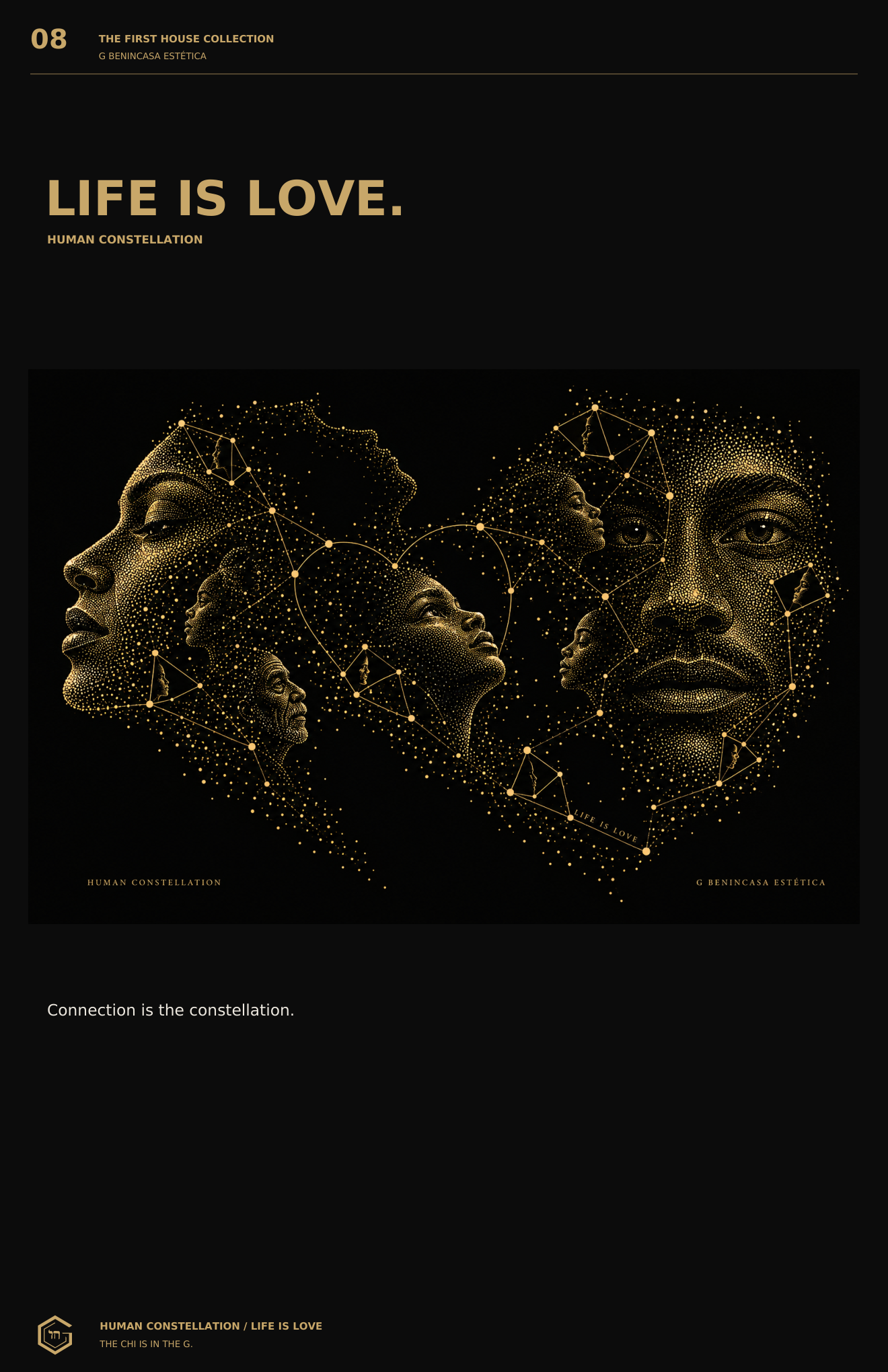 Human Constellation design proof: portraits formed from fine gold points and connecting lines, with the words Life Is Love.