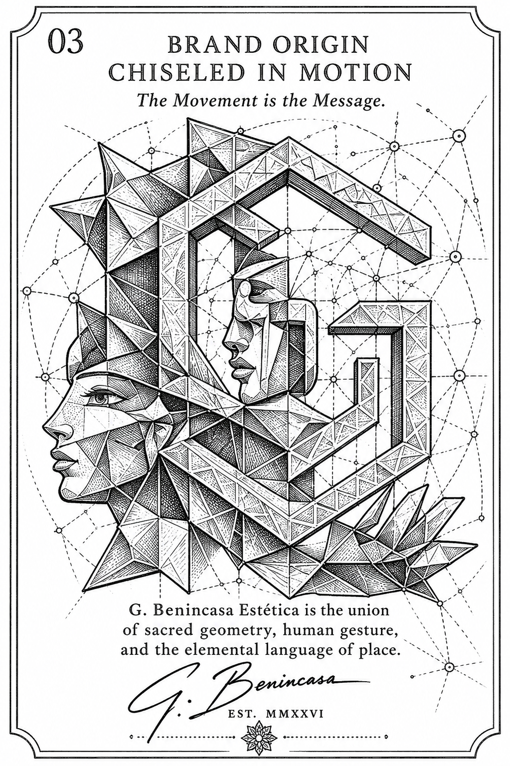 Monochrome Chiseled in Motion artwork with geometric profiles, its title and accompanying text.