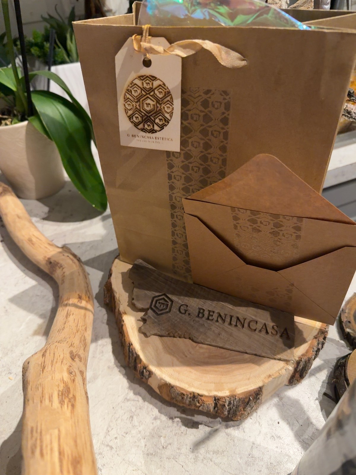 Kraft bag, envelope, tag and engraved wood nameplate arranged as a packaging study.