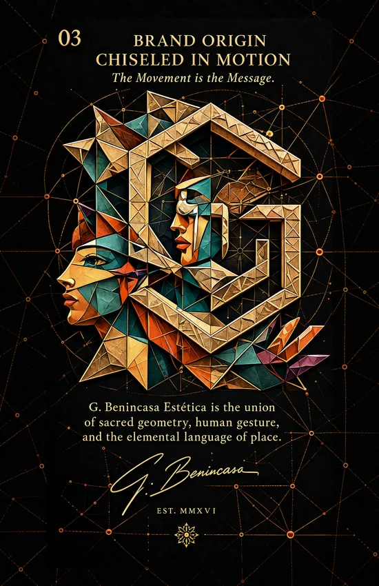 The complete faceted G, expressive faces and manifesto meet an extended dark lattice. Historical identity and date remain an editorial hold.