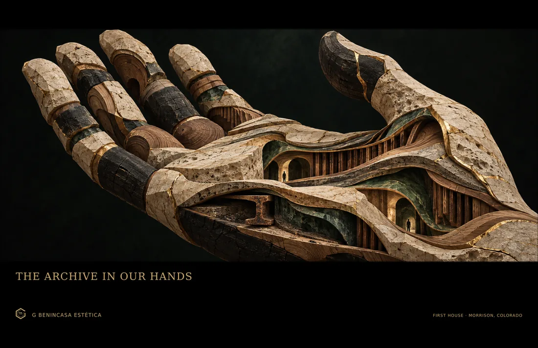 A monumental open hand carries timber, stone, iron and small architectural discoveries. The landscape grows proportionally without changing the existing source crop.