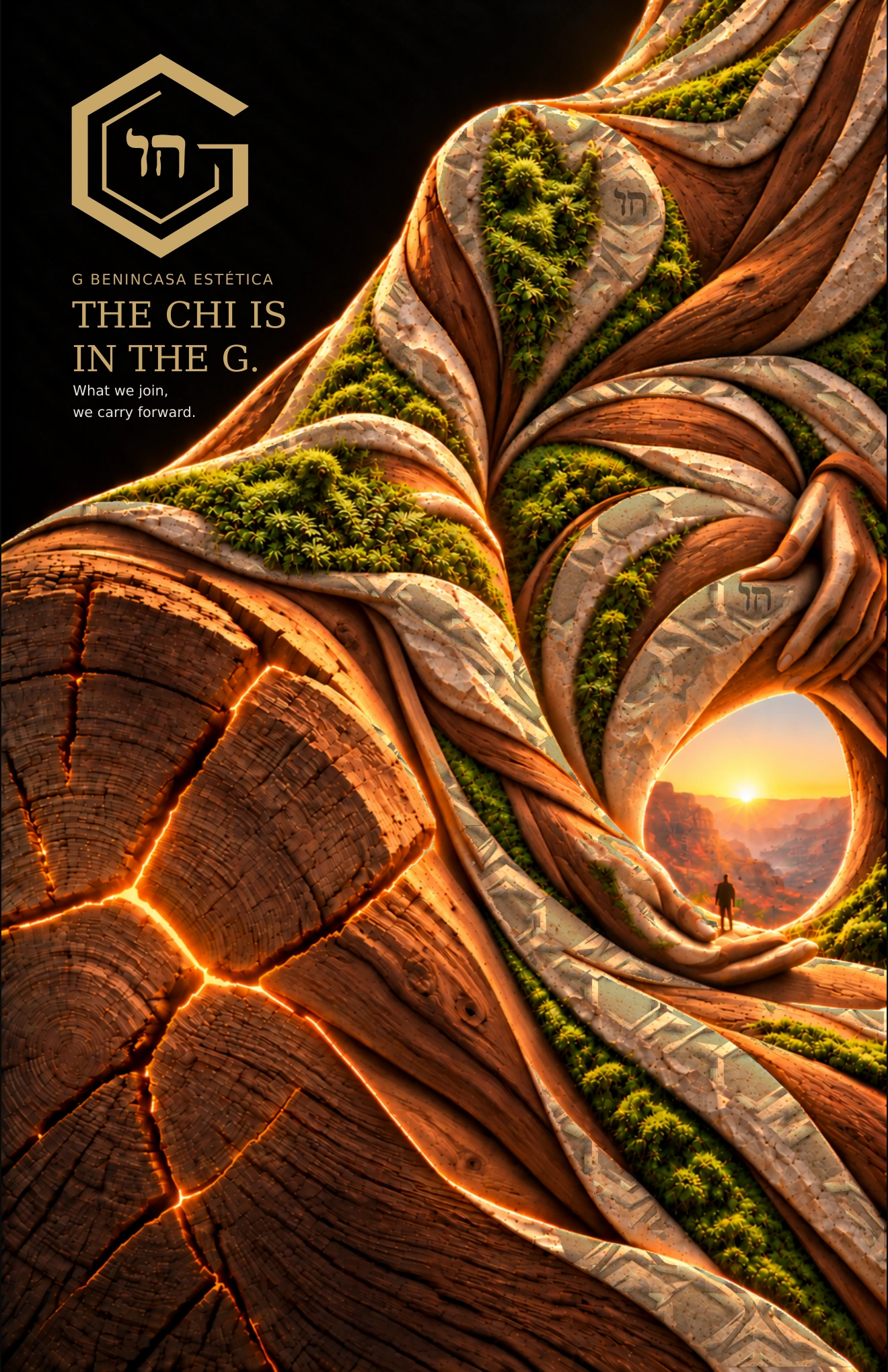No.01: a cropped maternal form made of timber, pale stone and moss cradles a sunlit opening. Connected geometric ridges run through the stone; light shines through lower-left wood cracks beneath the exact gold House mark and original wording.