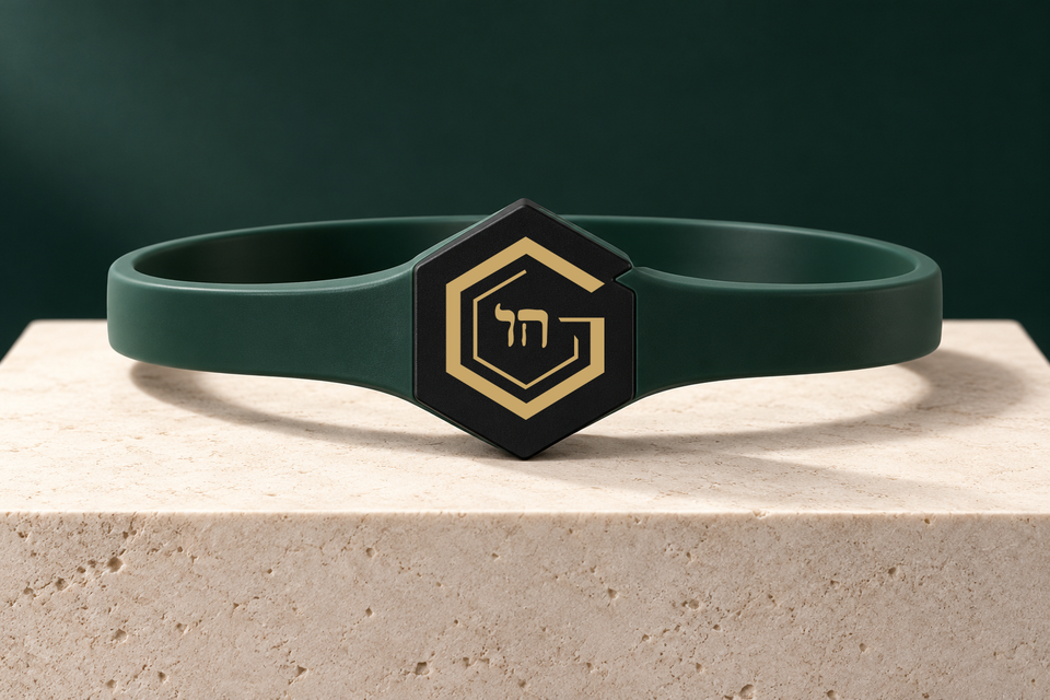 Sustain wristband product concept with a green band and gold G and Chai crest.
