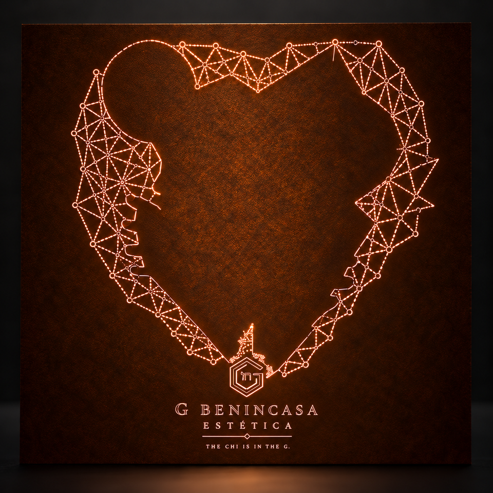 The complete faceted face and heart cardstock composition explored through warm perimeter light.