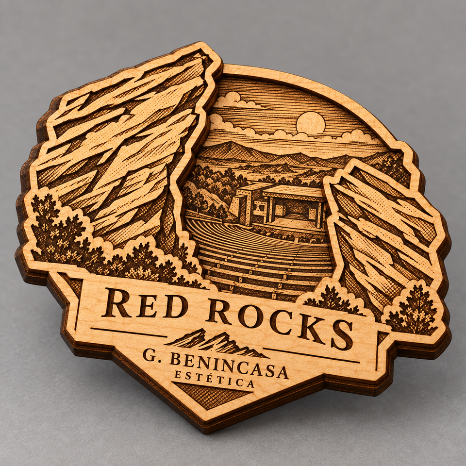 Layered wood Red Rocks magnet design rendering.