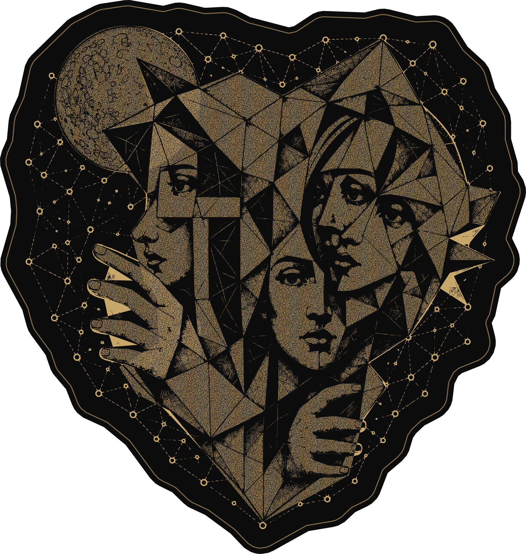 Four faceted faces, two hands and a moon in gold on near-black, in a complete asymmetric artwork-following outline.